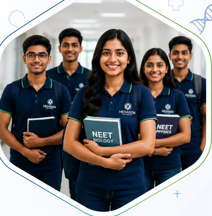 Hexagon NEET Academy aspirants standing together with study books